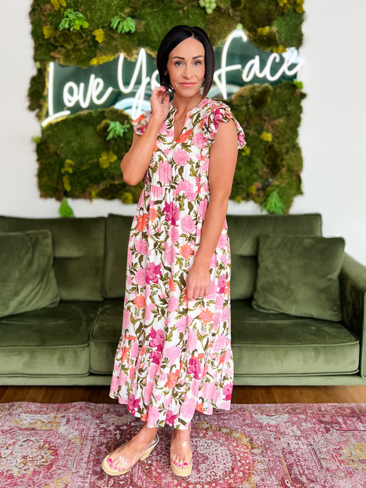 White Floral Print Maxi Dress