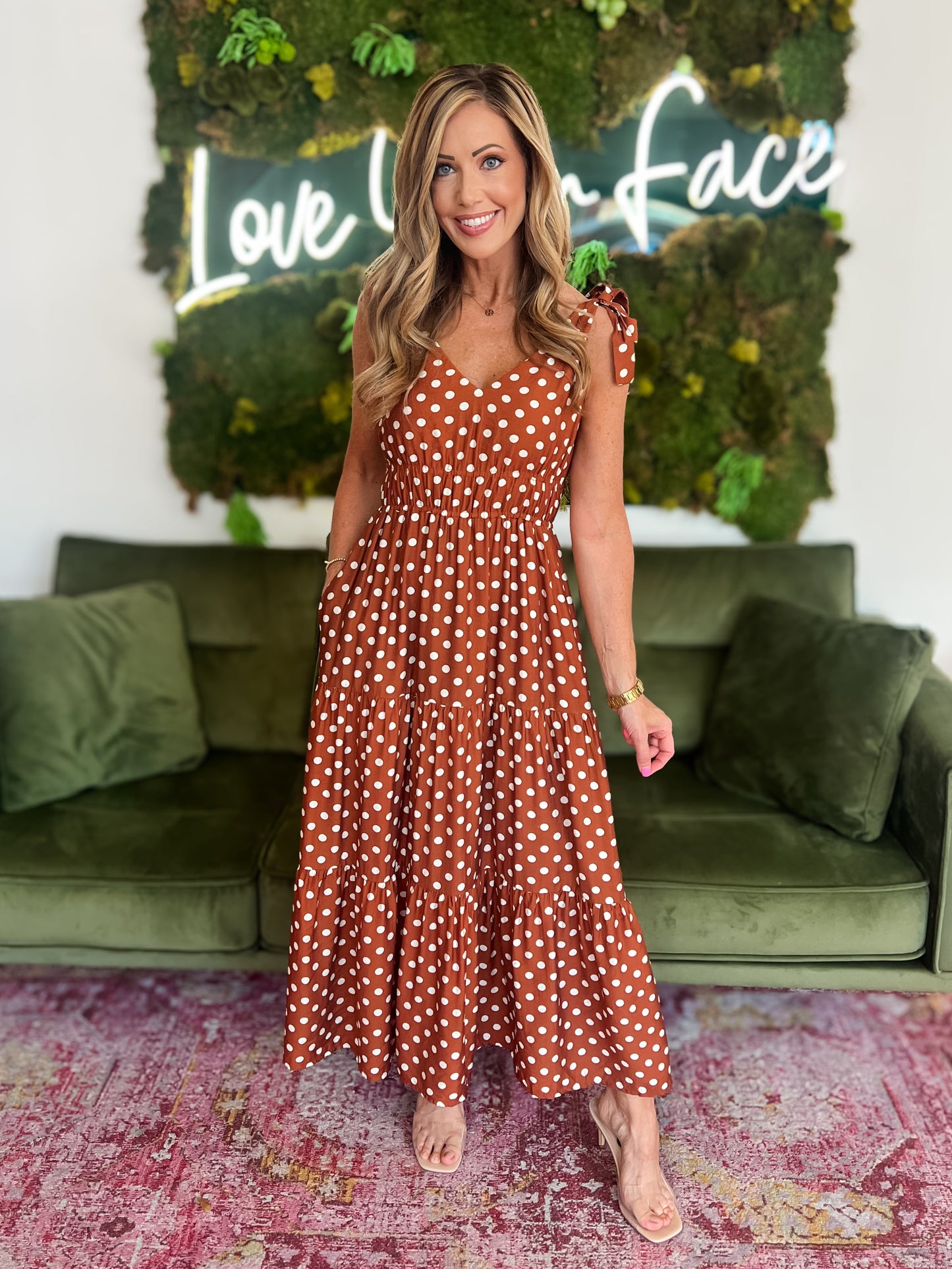 Brown Polka Dot Tie Strap Maxi Dress