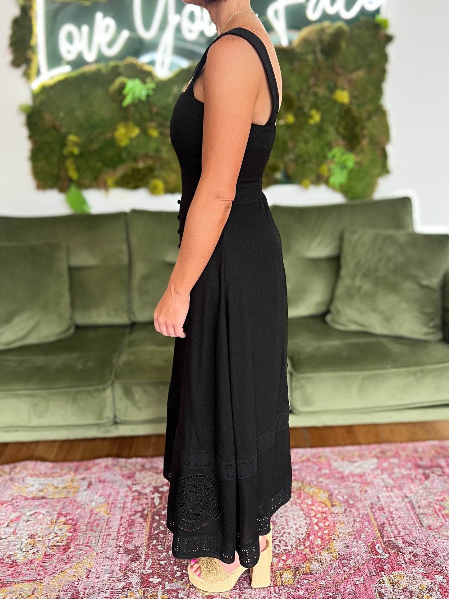 Embroidered Lace Empire Waist Linen Blend Midi Dress