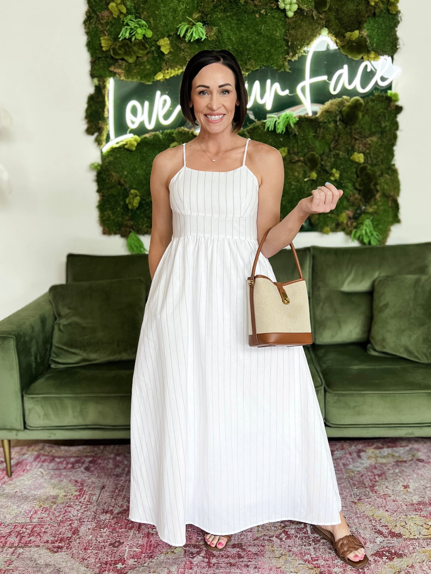 White/ Beige Striped Spaghetti Strap Maxi Dress