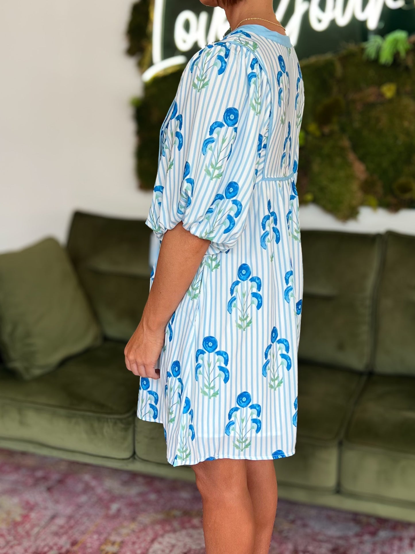 Blue Floral Striped Mini Dress