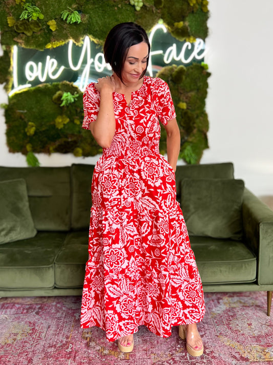 Red Floral Poplin Maxi Dress