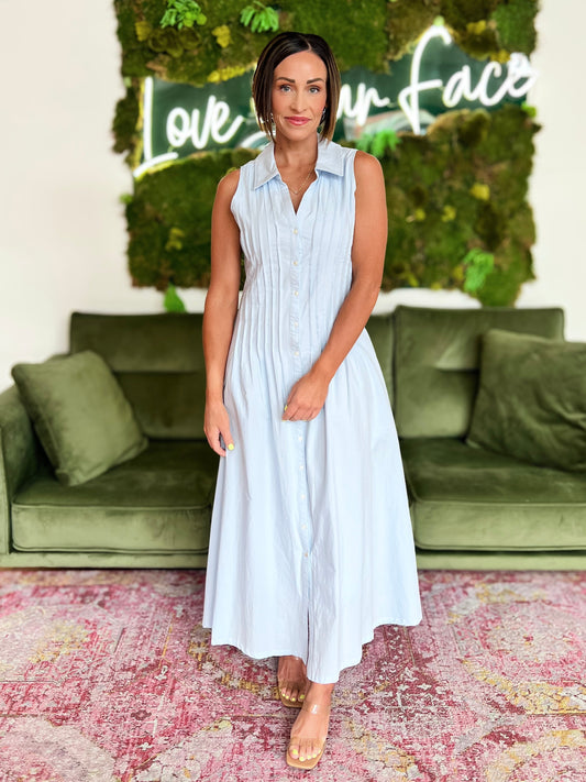 Light Blue Pintuck Sleeveless Maxi Dress