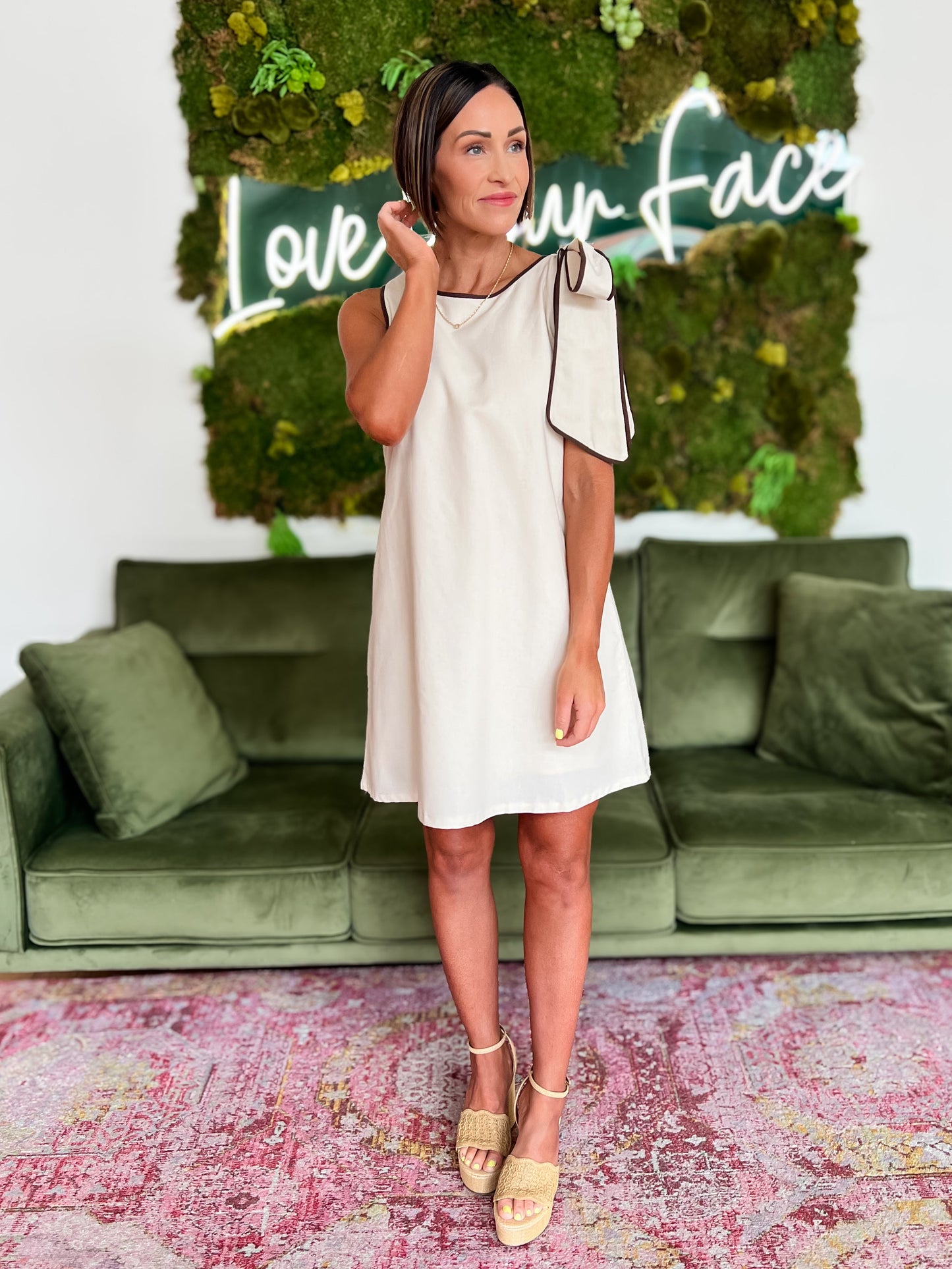 Natural/ Chocolate Bow Shoulder Mini Dress