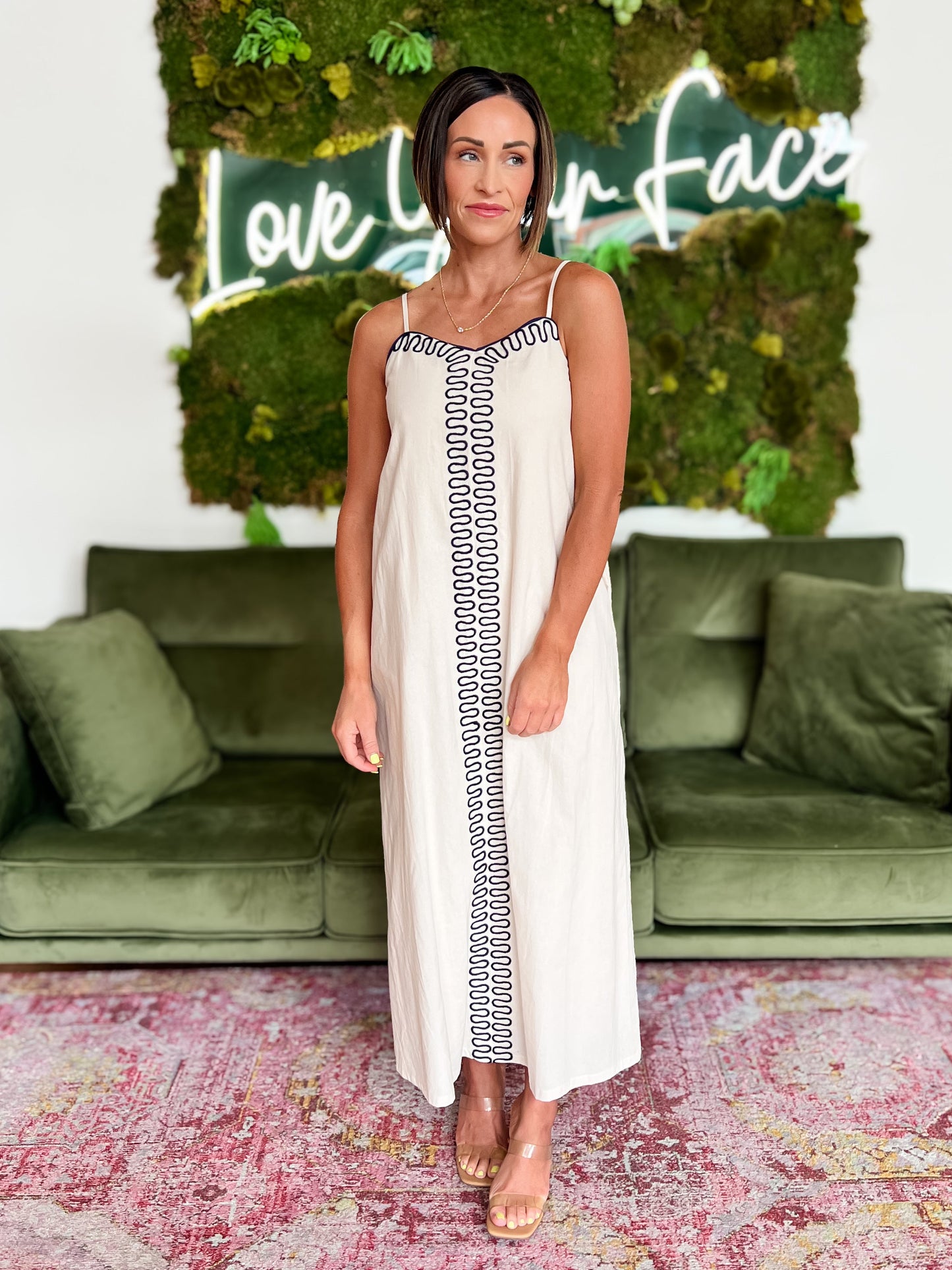 Sand/ Navy Embroidered Maxi Dress