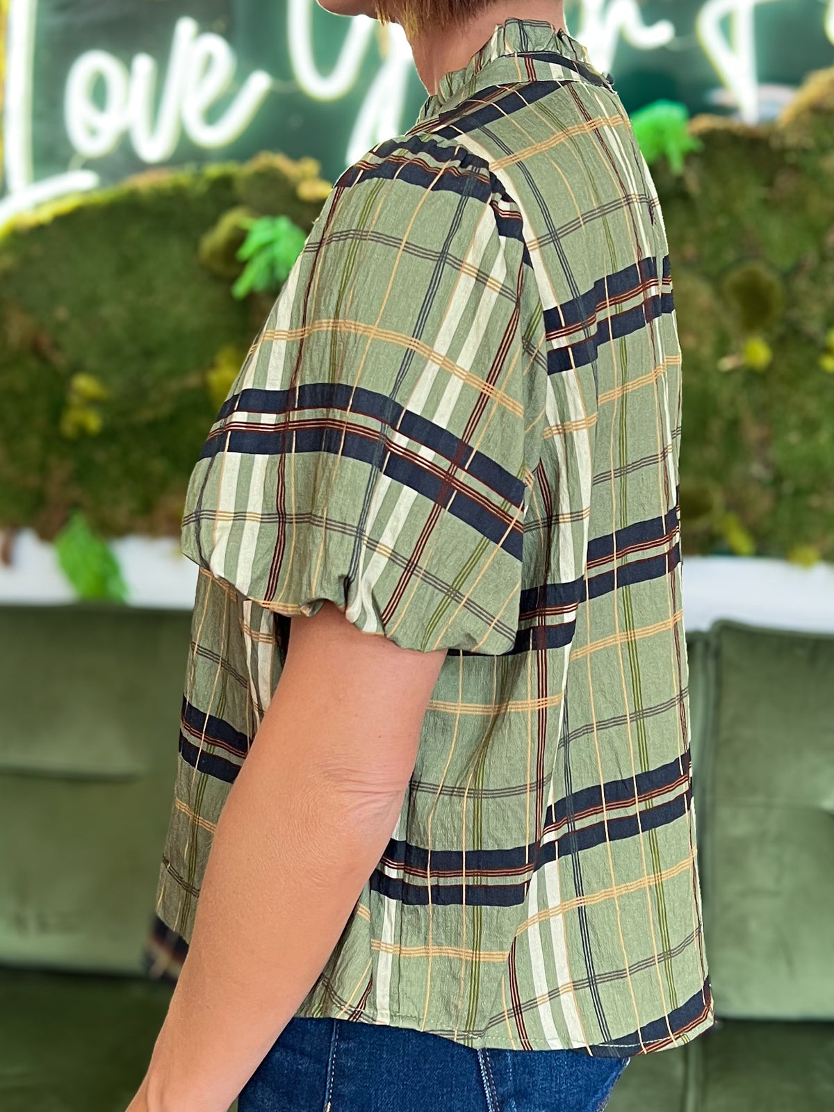 Olive Plaid Ruffle Neck Top