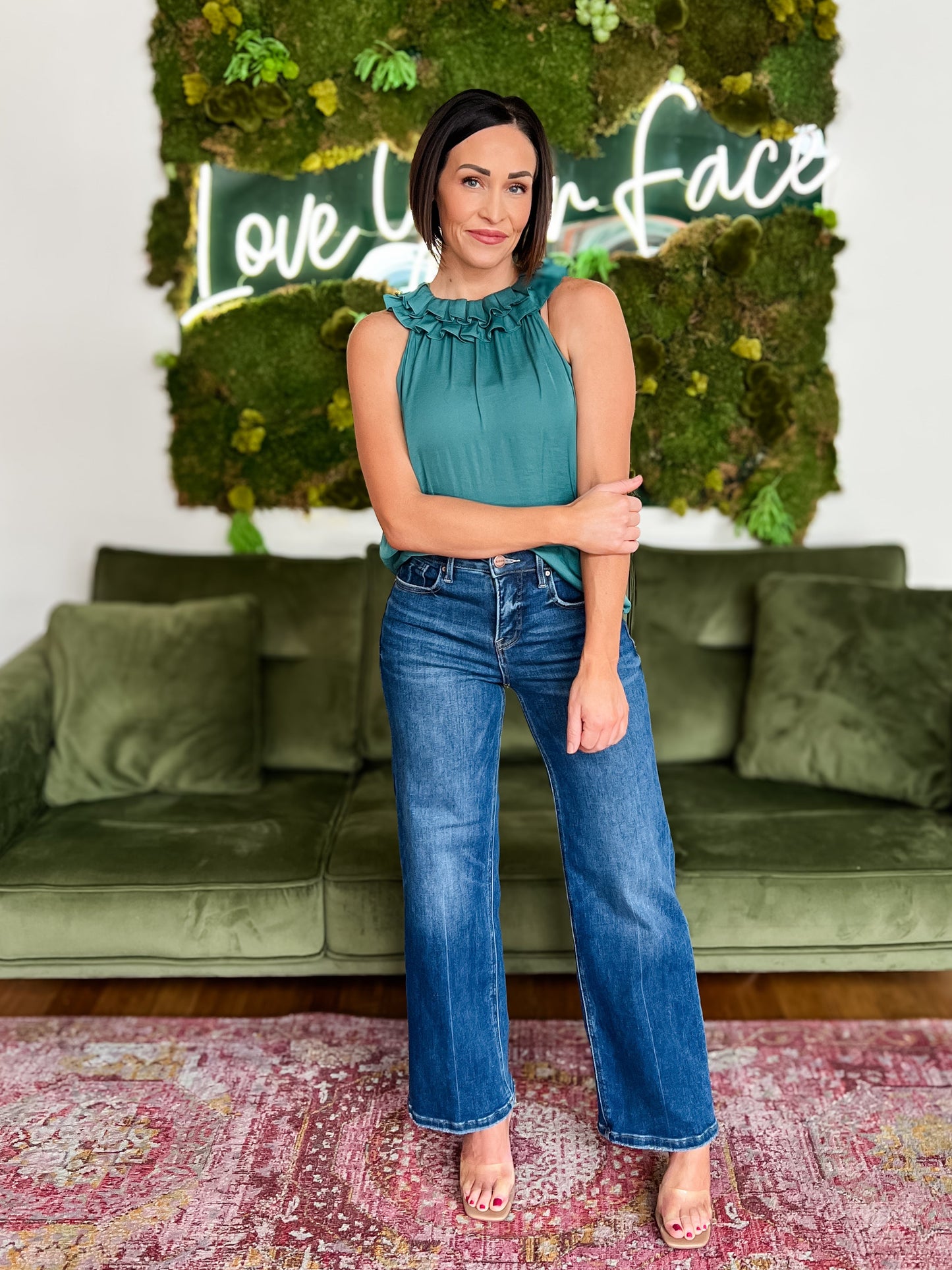 Green Lake Ruffle Neck Satin Tank