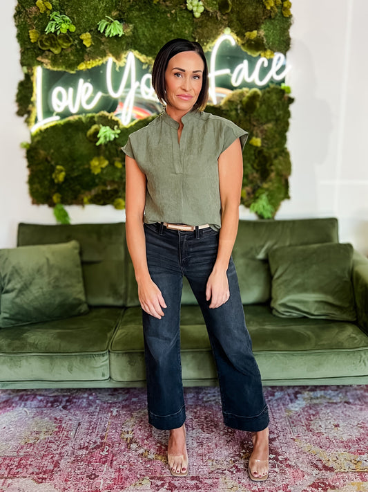 Olive Suede Feel Drop Shoulder Blouse