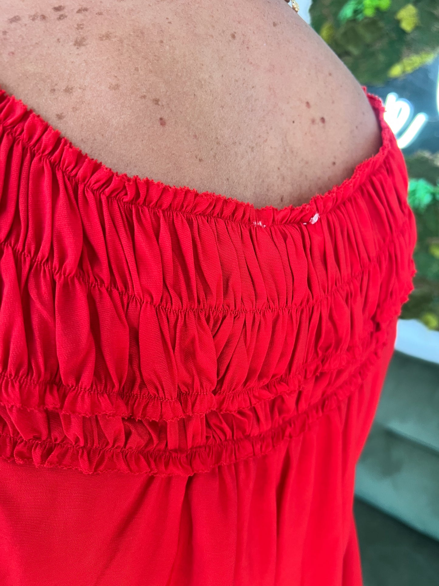 Red Sleeveless Smocked Neck Top