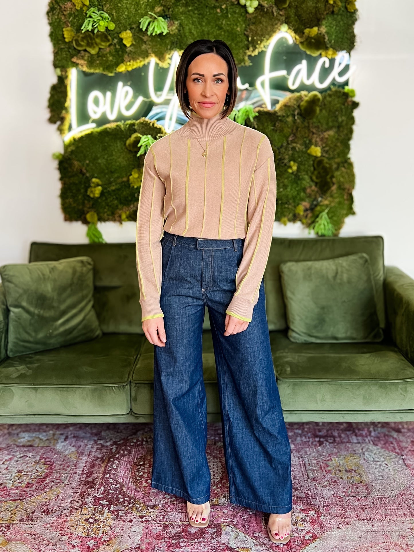 Taupe/ Lime Striped High Neck Sweater