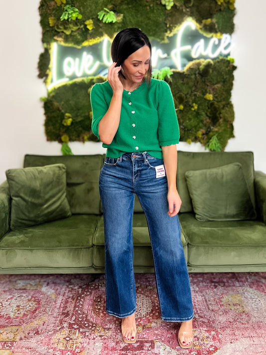 Green Scalloped Edge Short Sleeve Cardigan