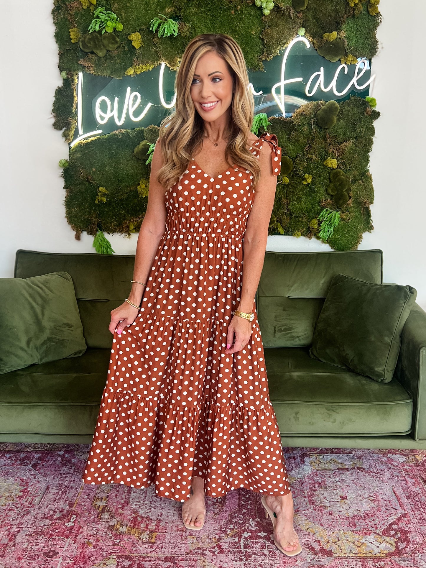 Brown Polka Dot Tie Strap Maxi Dress