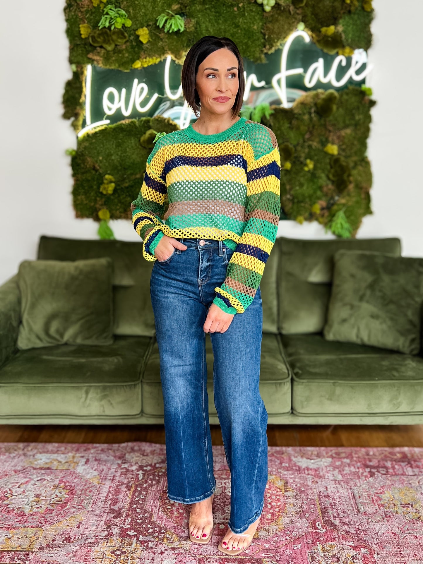 Green Multi Striped Fishnet Sweater