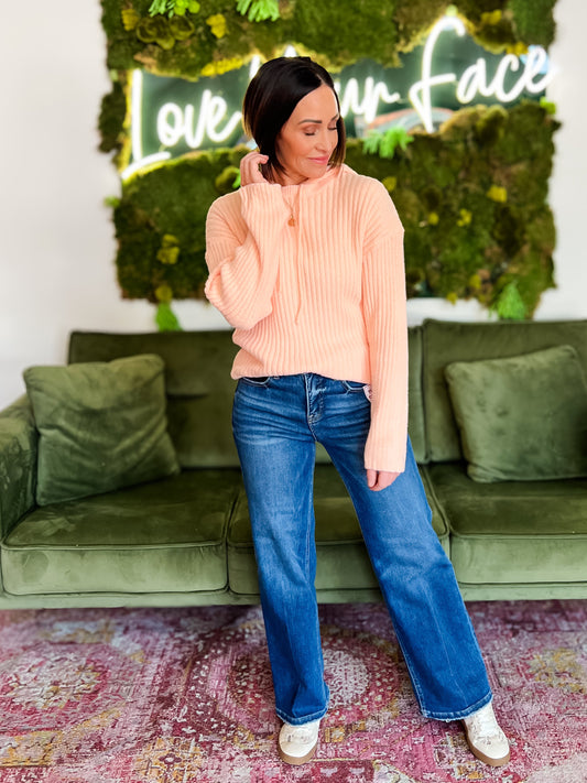 Peach Fuzzy Ribbed Hoodie Sweater