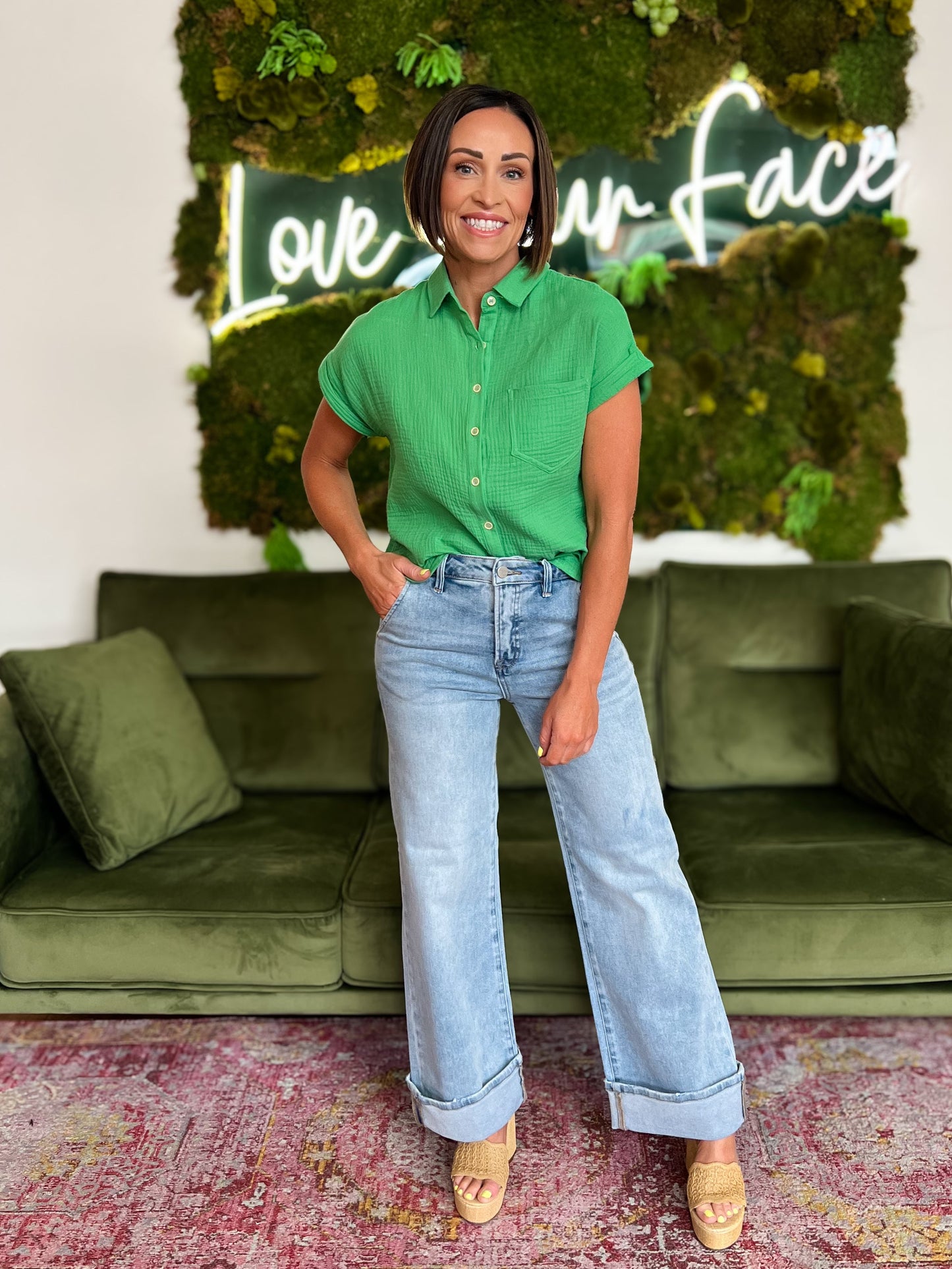 Green Rolled Sleeve Button Down Top