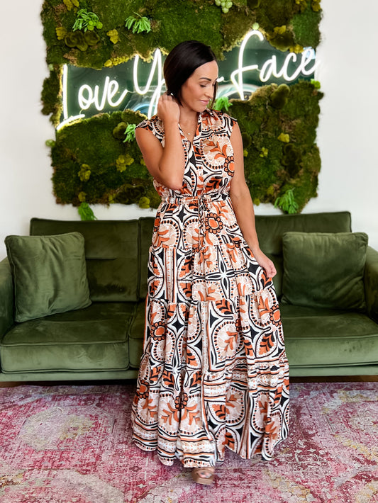 Black/ Rust Printed Tiered Maxi Dress