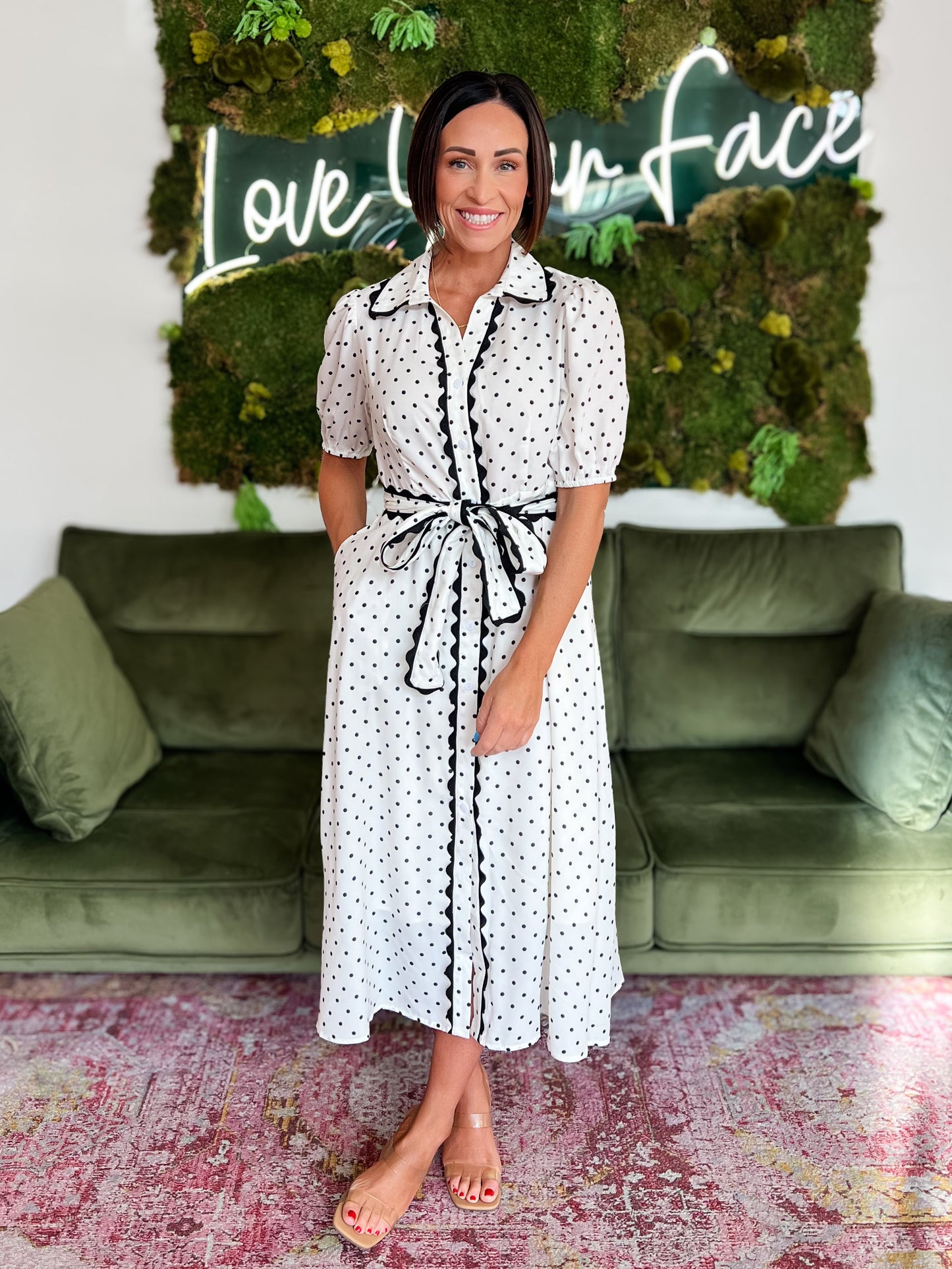 Cream/ Black Polka Dot Belted Midi Dress
