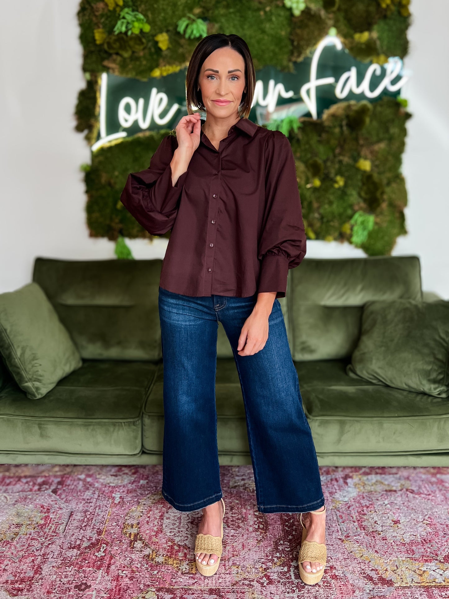 Brown Puffed Sleeve Button Down Top