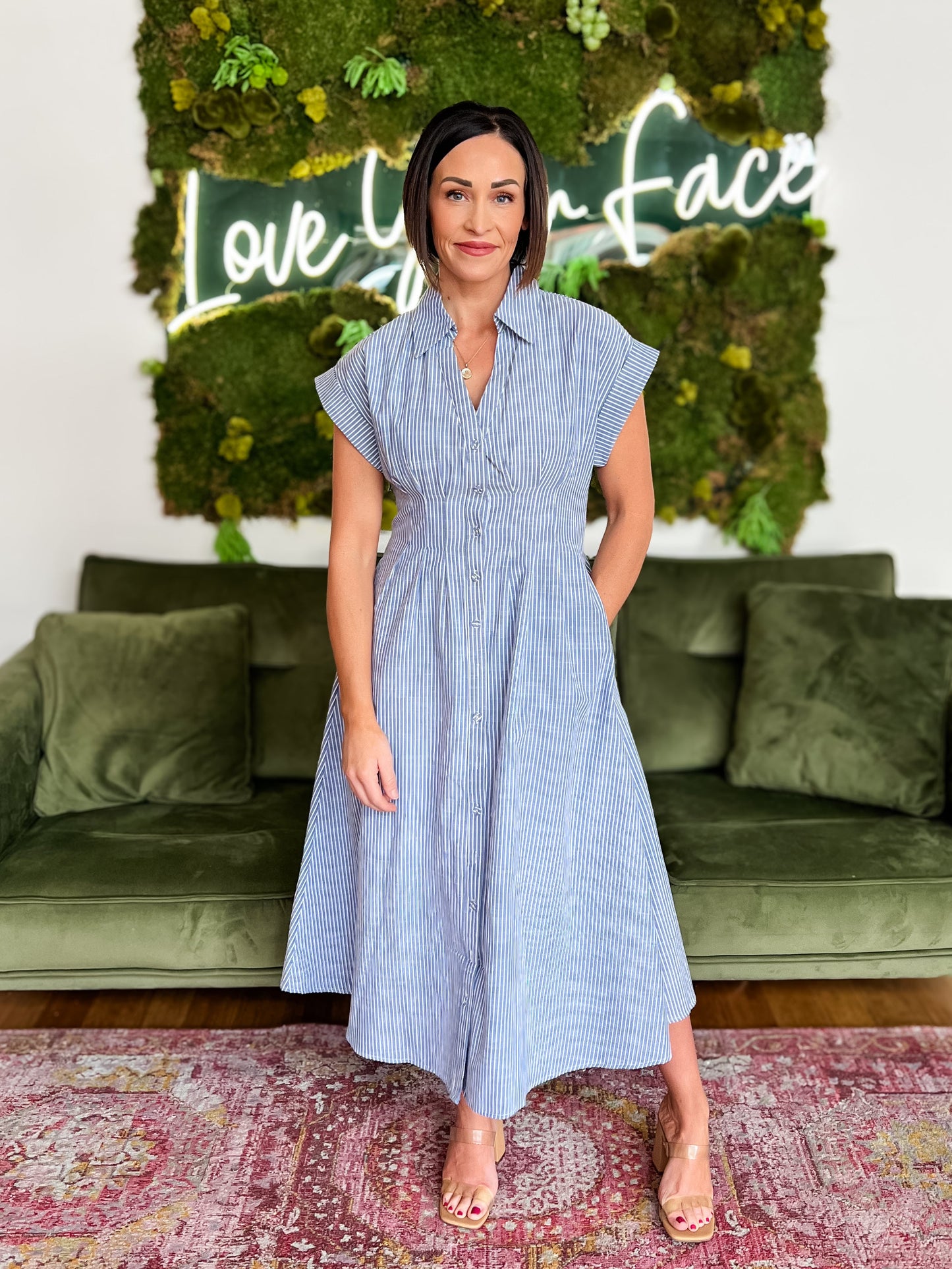 Blue/ White Striped Pleated Midi Shirt Dress