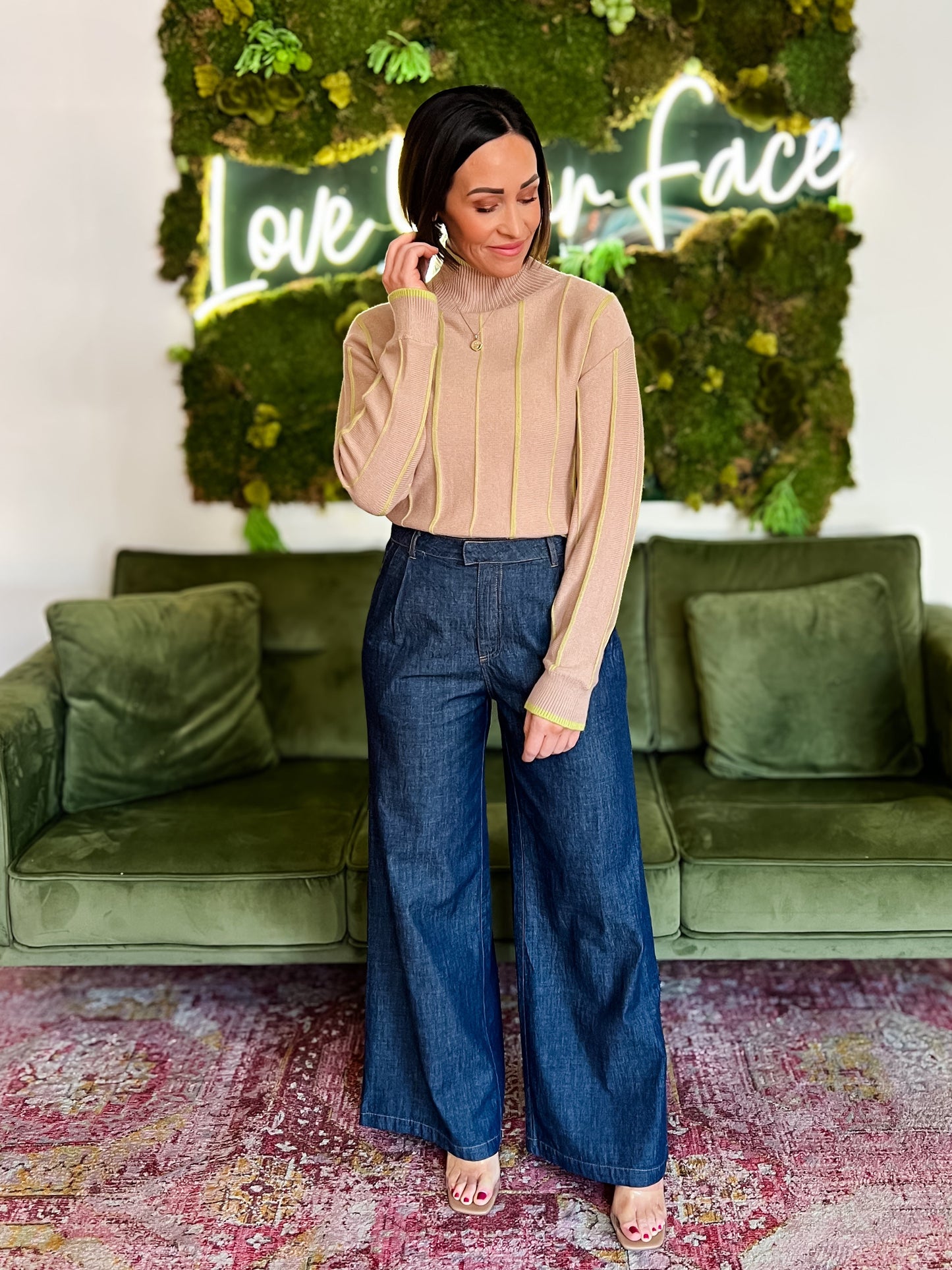 Taupe/ Lime Striped High Neck Sweater