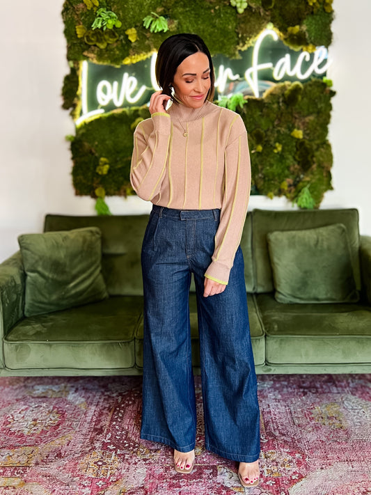Taupe/ Lime Striped High Neck Sweater