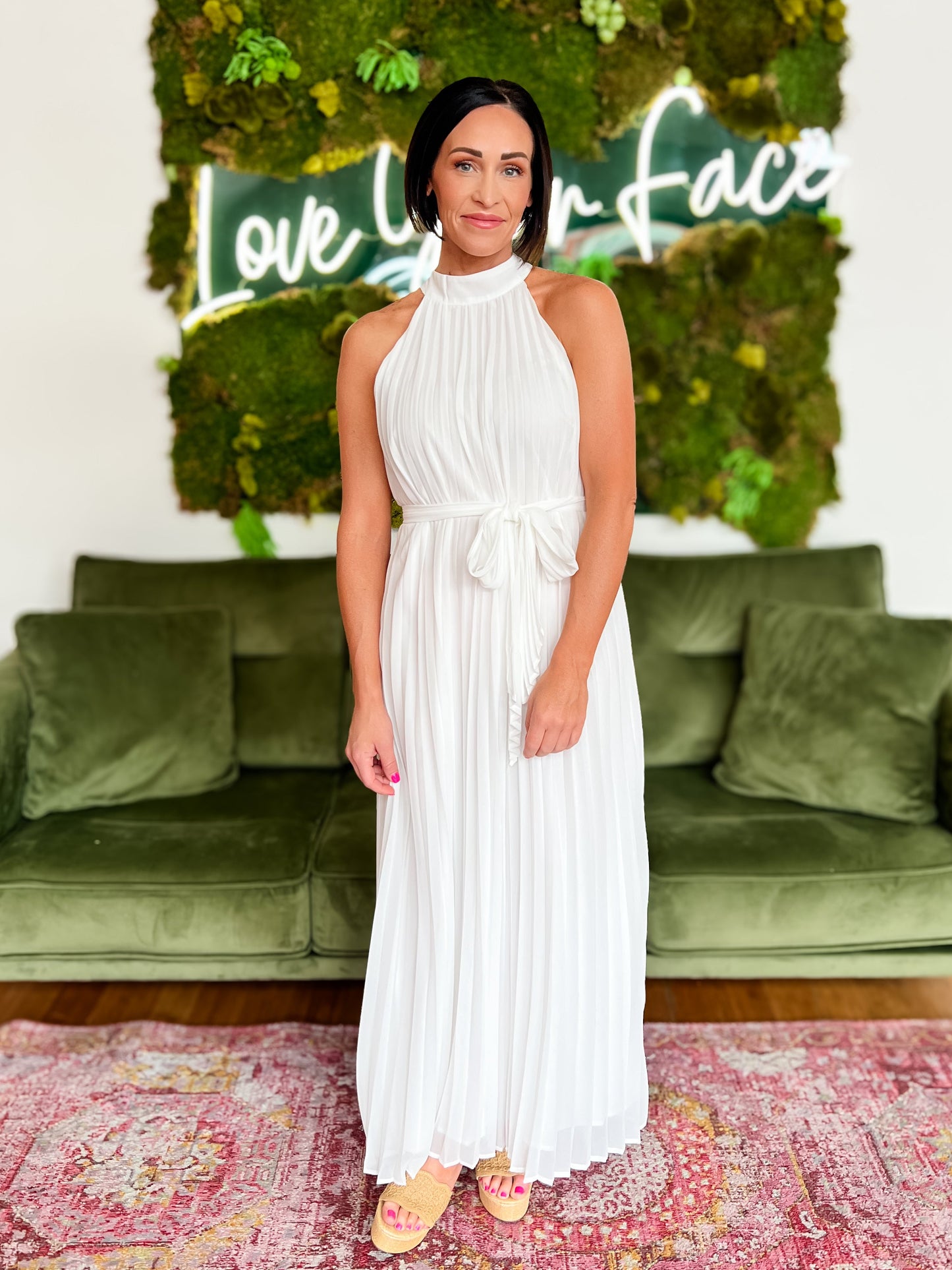 White Pleated Halter Neck Maxi Dress