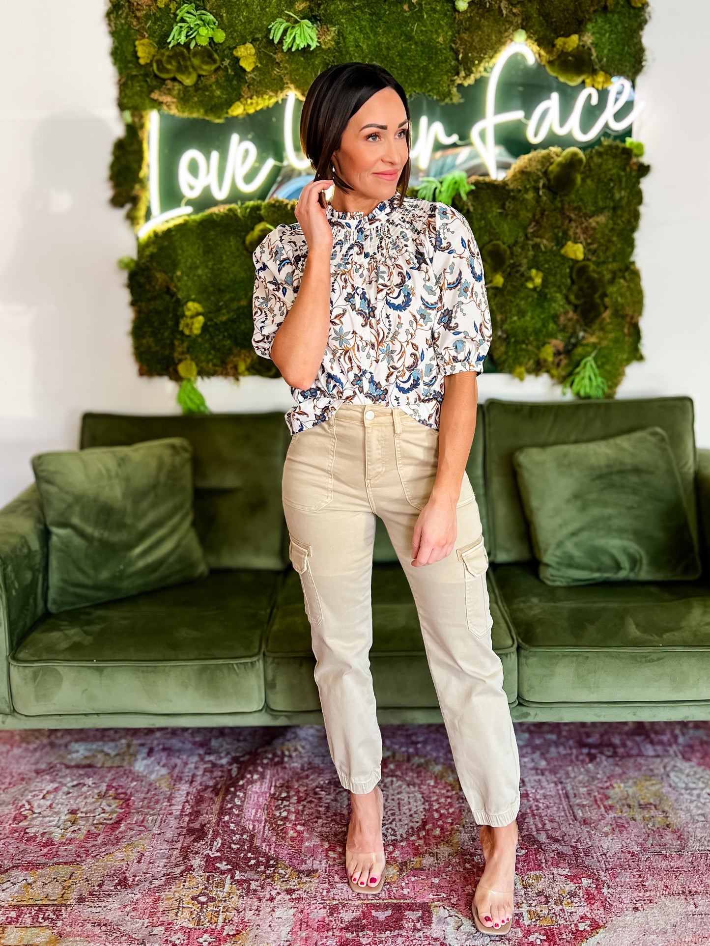 Off White Multi Floral Smocked Neck Top