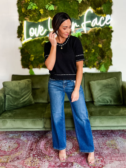 Black Short Sleeve Contrast Stitch Sweater