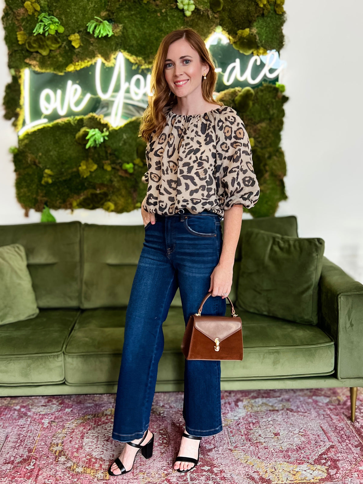 Beige Animal Print Puff Sleeve Top