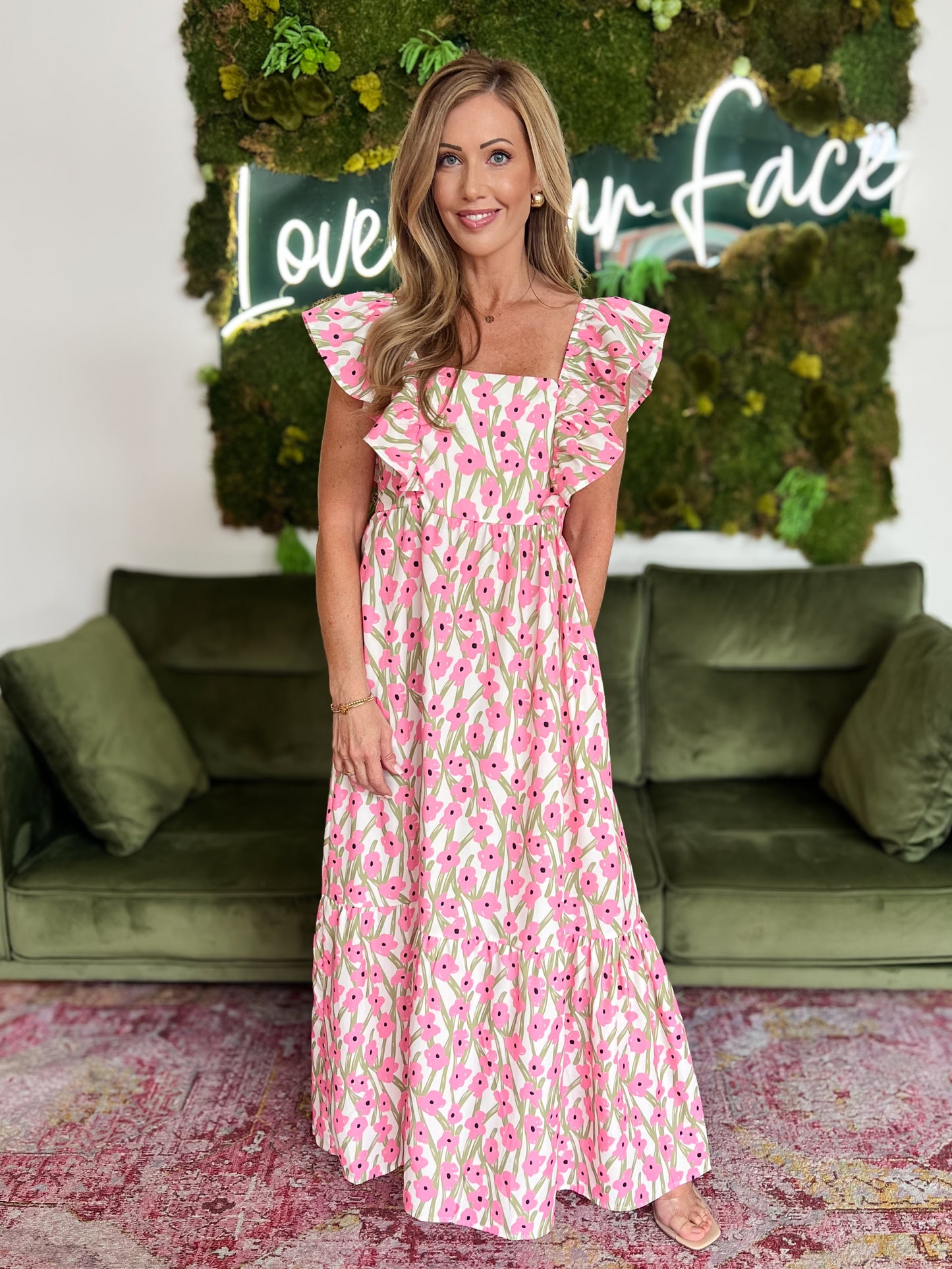 Pink Floral Print Square Neck Maxi Dress