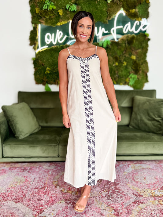 Sand/ Navy Embroidered Maxi Dress