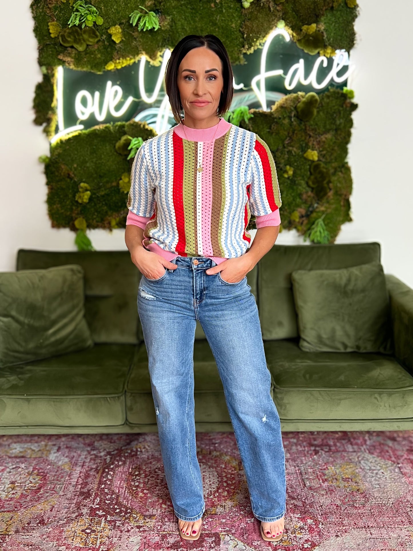 Multi Striped Pontelle Knit Short Sleeve Sweater