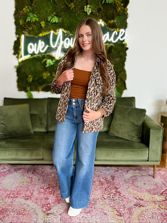 Brown Leopard Button Up Jacket