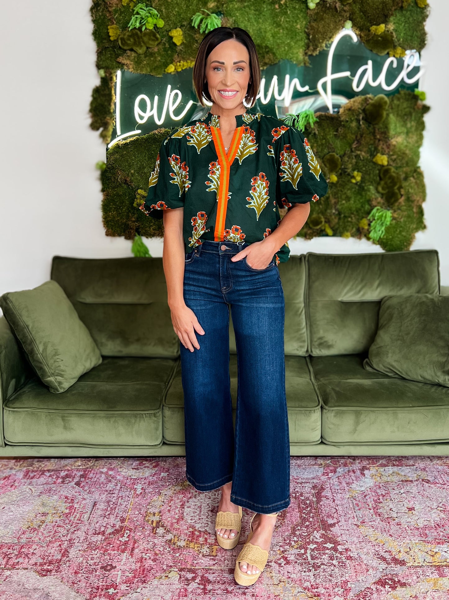 Green Puff Sleeve Floral Detail Top