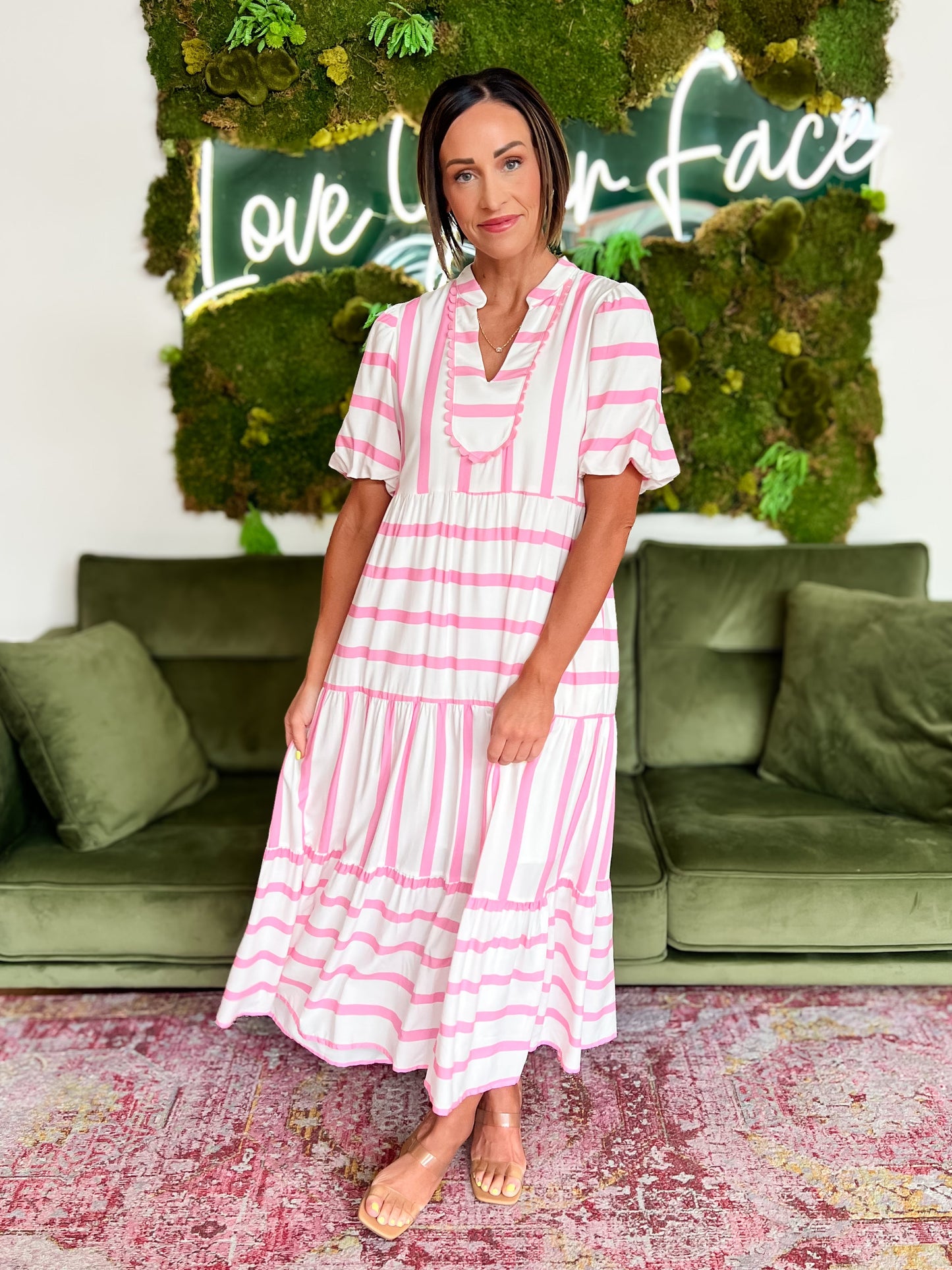 Pink Striped Ricrac Trim Maxi