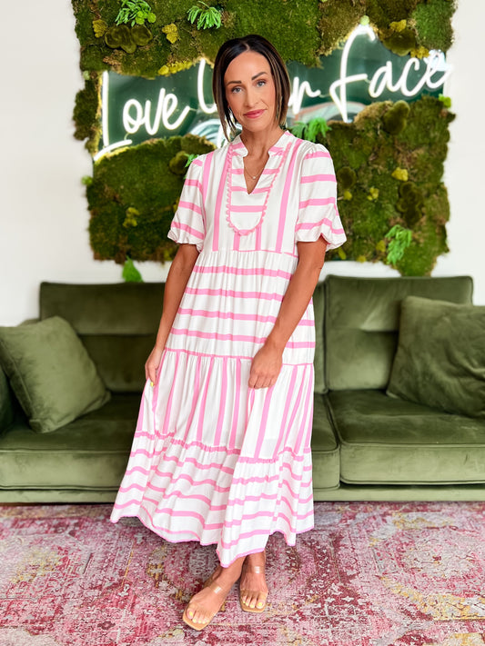 Pink Striped Ricrac Trim Maxi