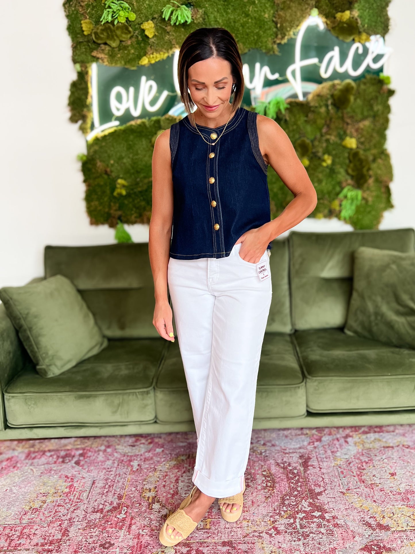Indigo Button Stretch Denim Top