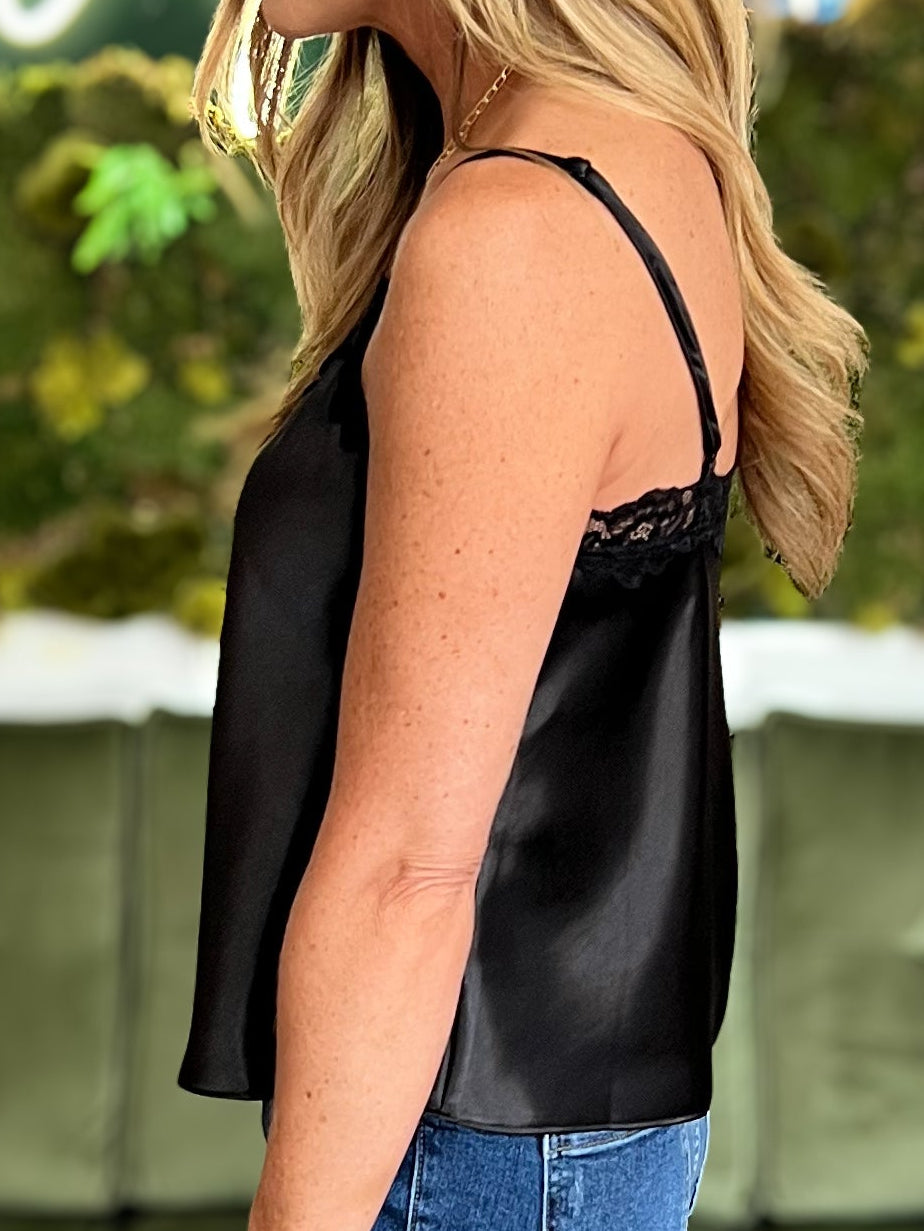 Black Satin V Neck Lace Trim Cami