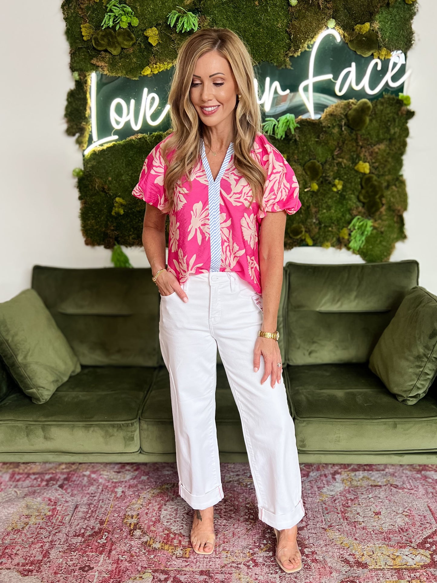 Fuschia Floral Puff Sleeve Top