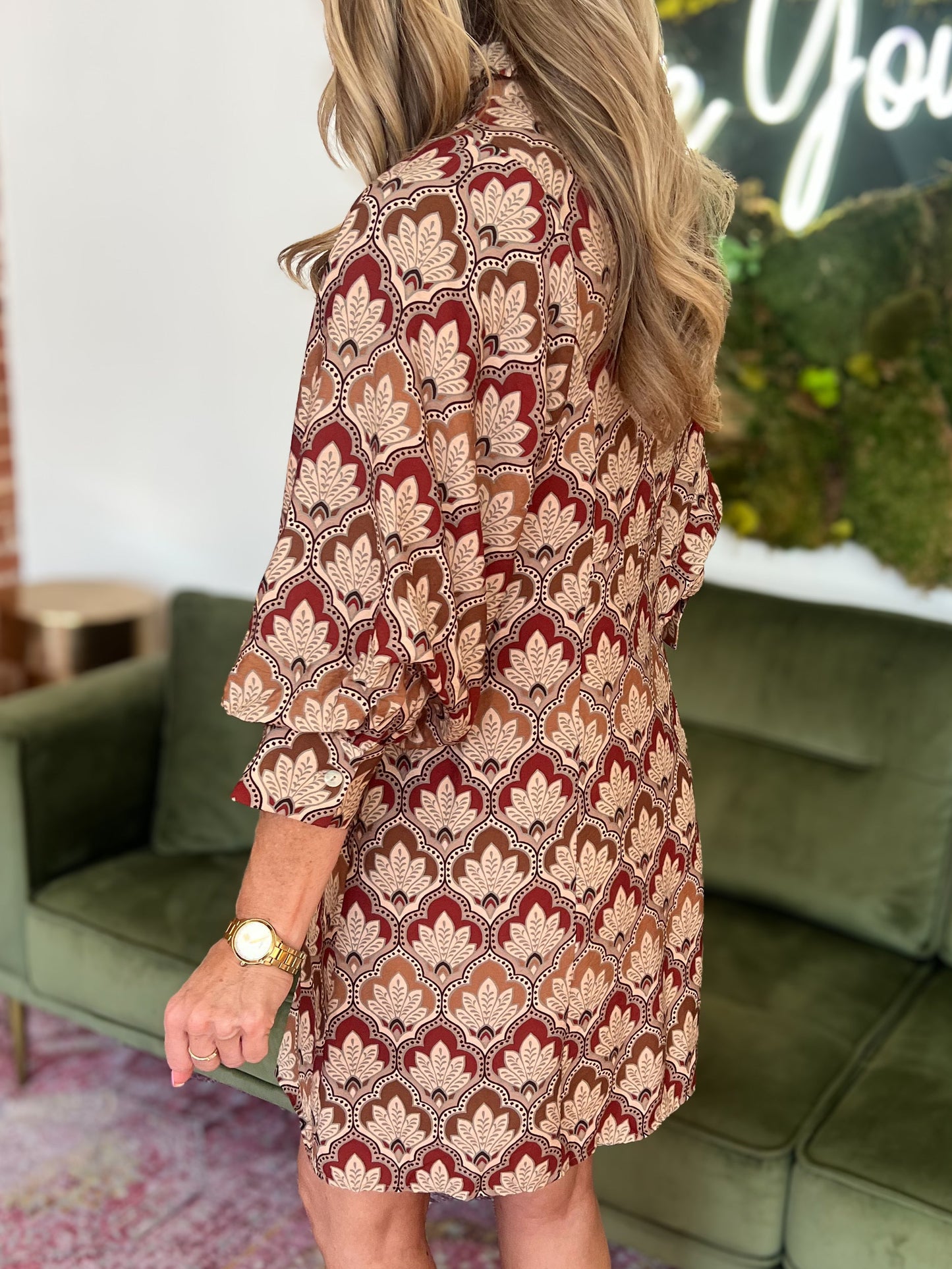Brown Print 3/4 Sleeve Button Down Dress