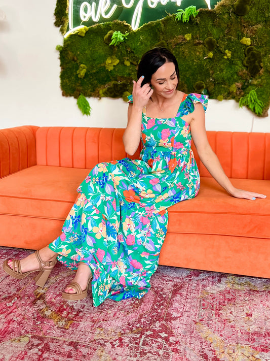 Green Multi Floral Print Tiered Ruffle Maxi Dress