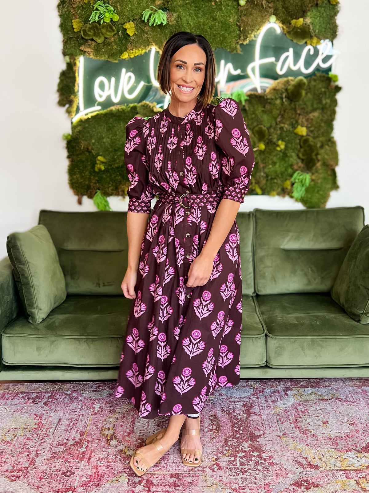 Chocolate Floral Print Belted Midi Dress