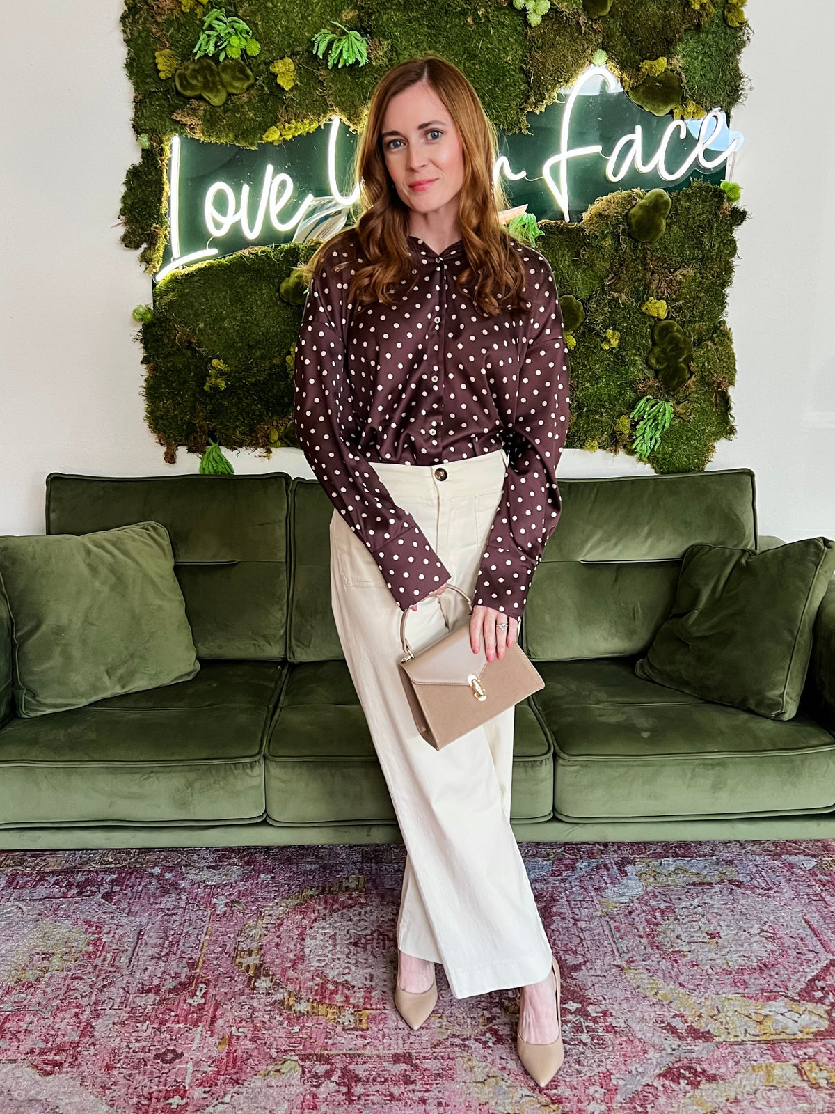 Brown Polka Dot Satin Long Sleeve Blouse