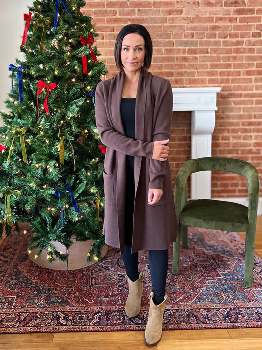 Espresso Long Open Knitted Cardigan