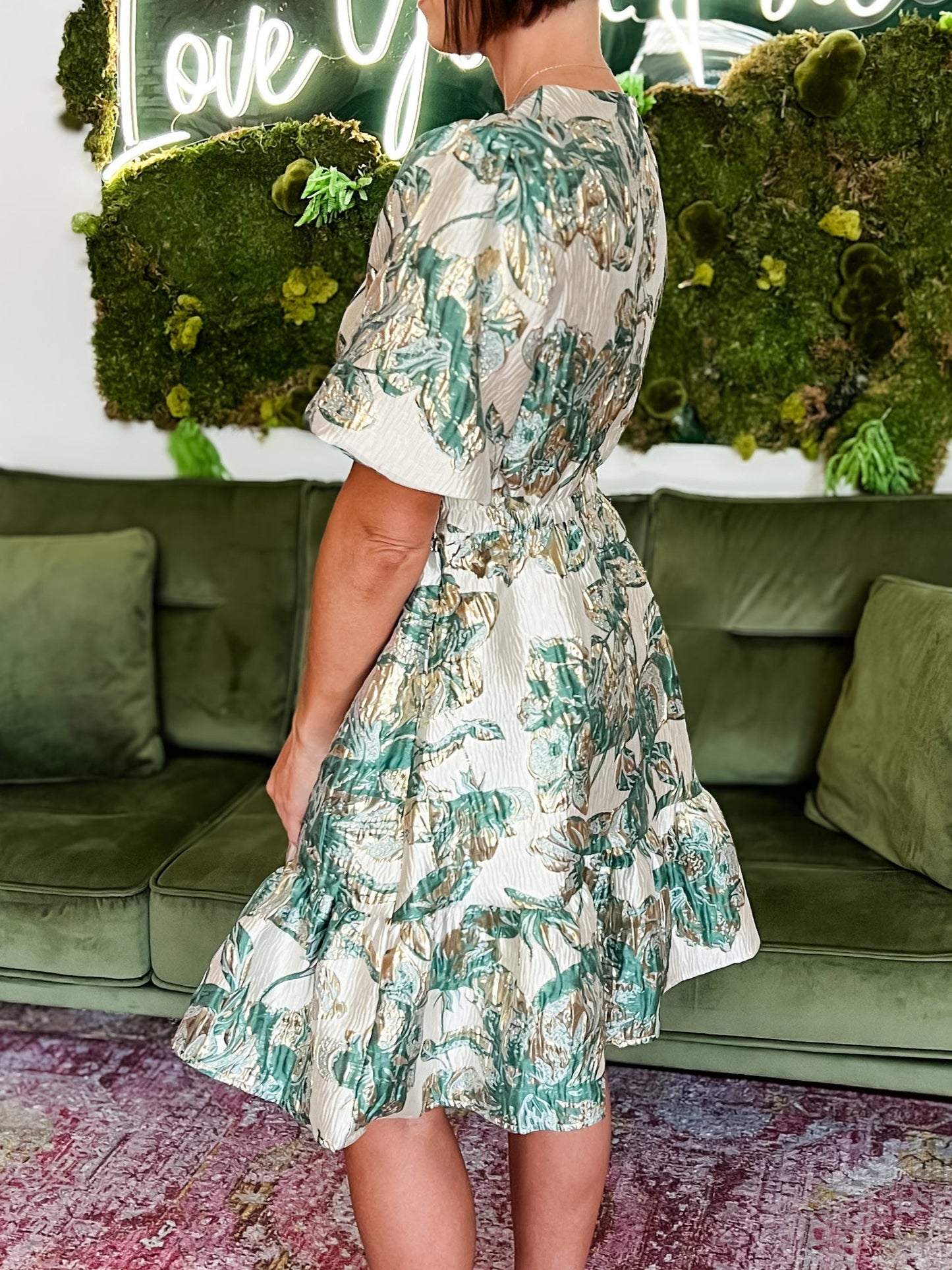 Green/Gold Jacquard Puff Sleeve Mini Dress