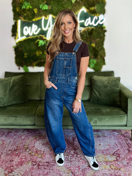 Denim Barrel Leg Overalls