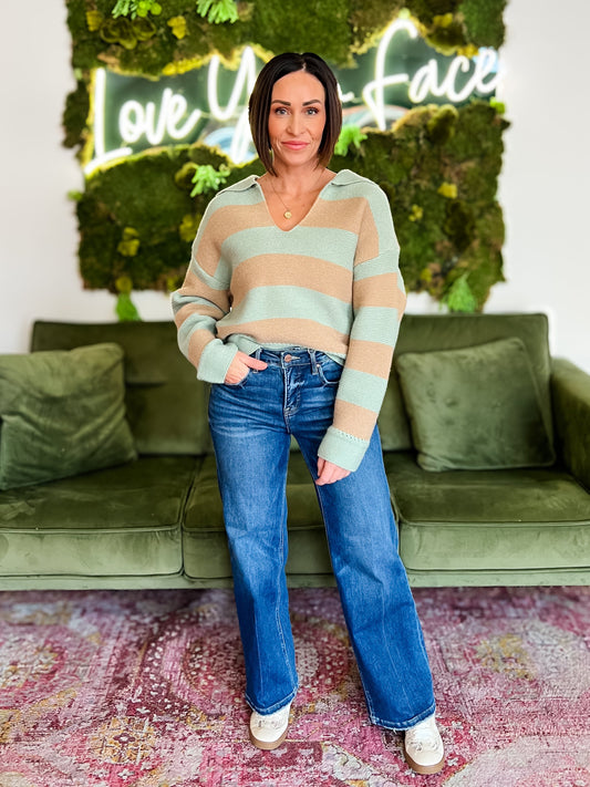 Jade/ Taupe Striped Collared Sweater