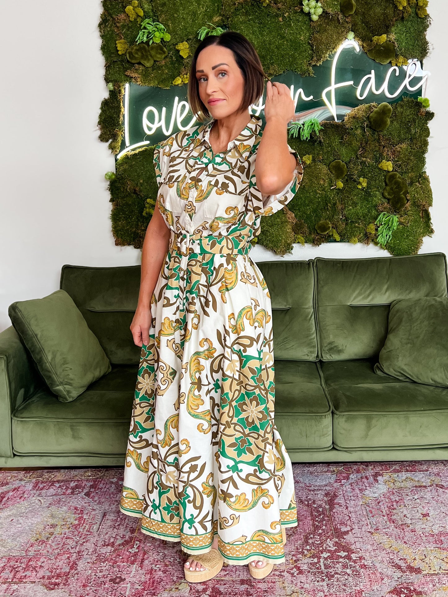 Ivory/ Olive Print Belted Midi Dress