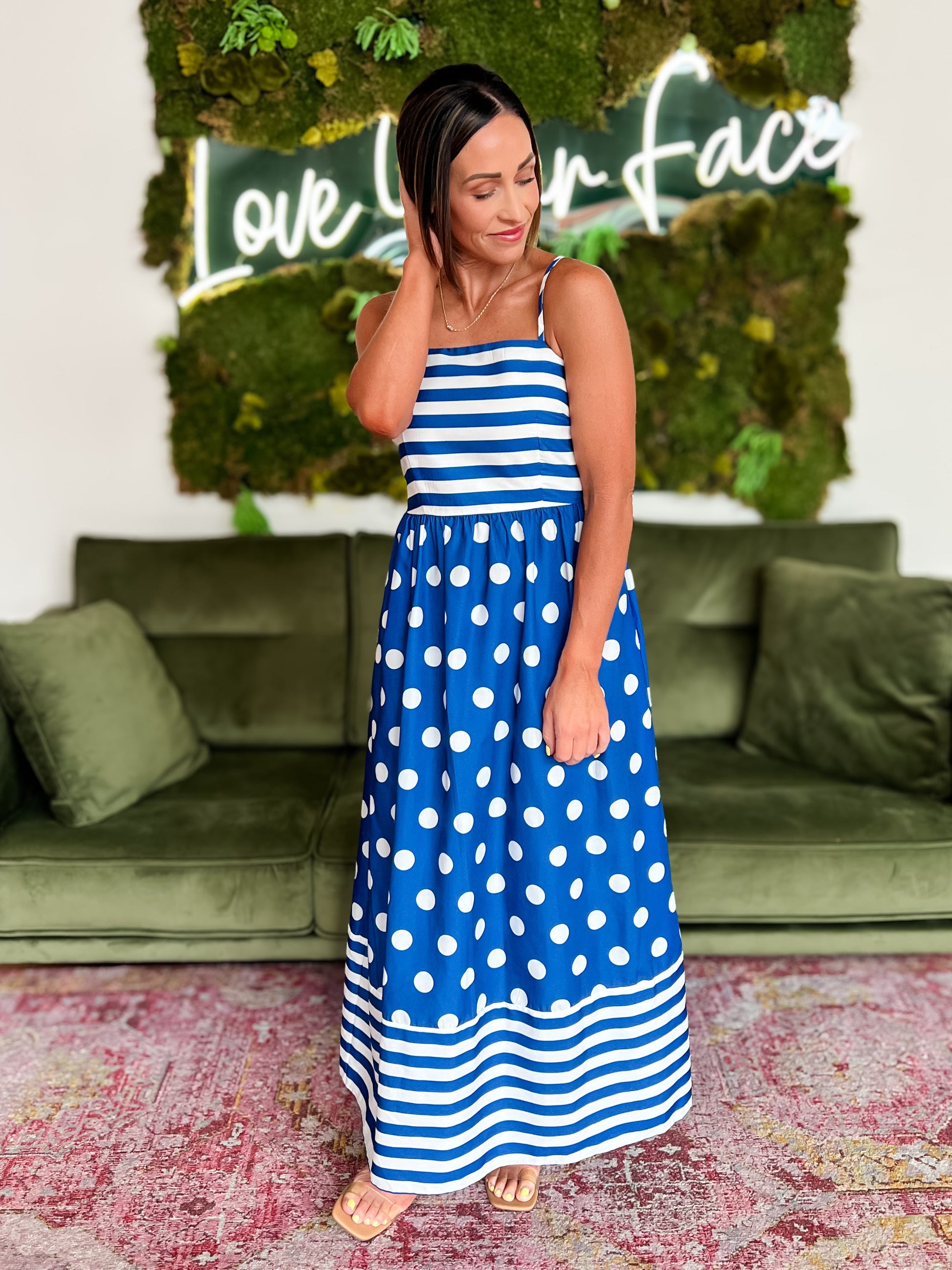 pink and blue striped maxi dress Onila Rugby Polo Maxi Dress in Pink and Navy Blue