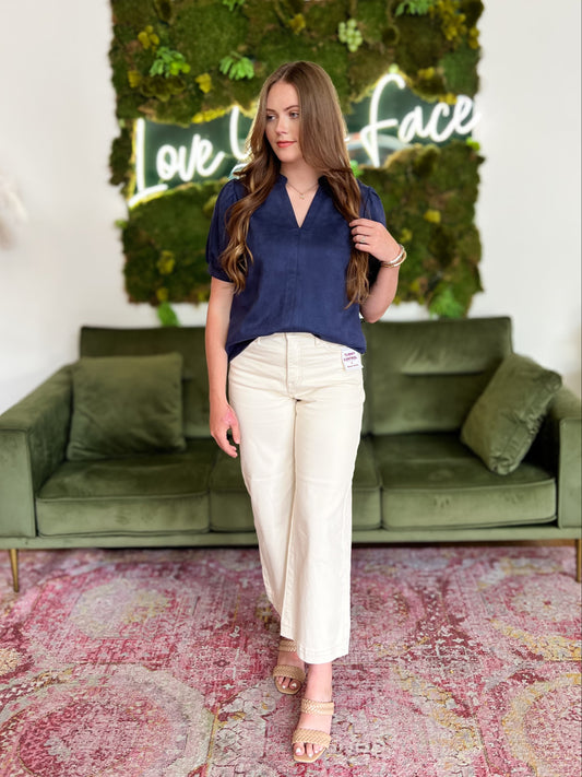 Navy Suede Puff Sleeve Split Neck Top